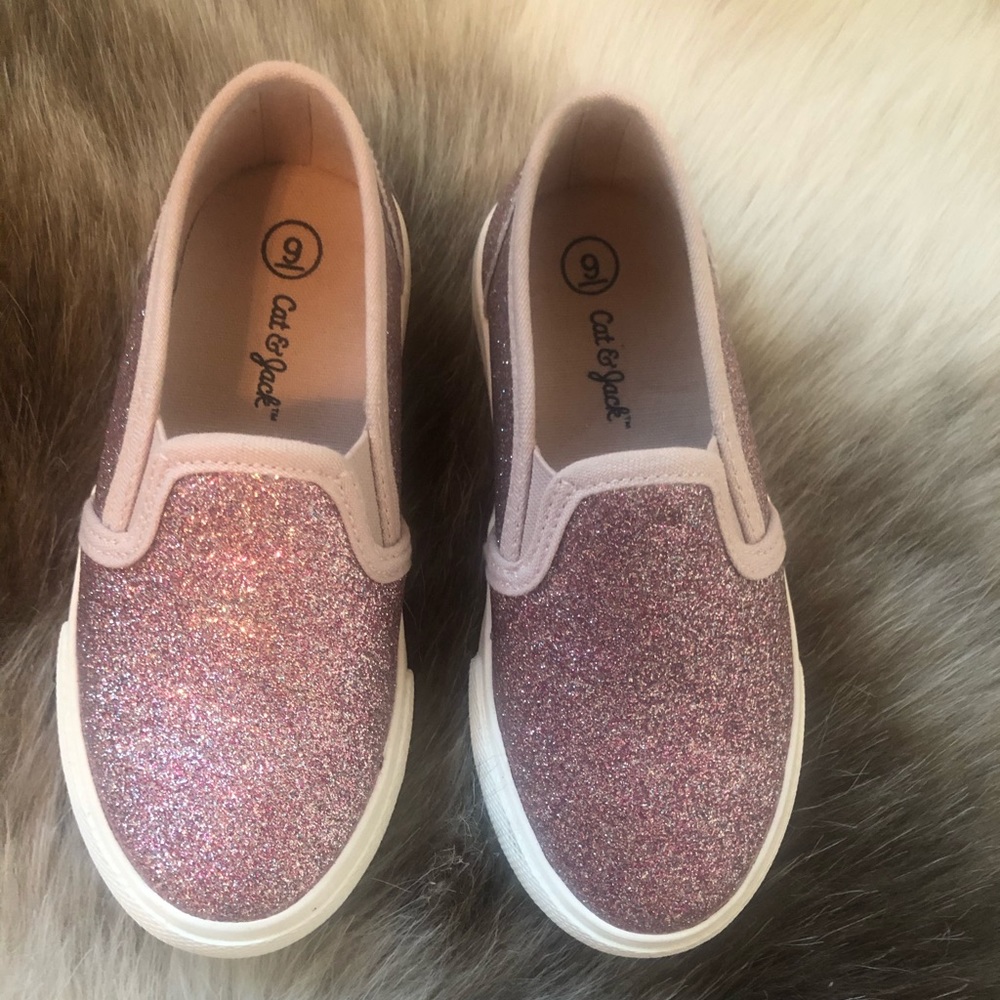 Girls-Pink Glitter Slip On Sneakers (Size 9)
